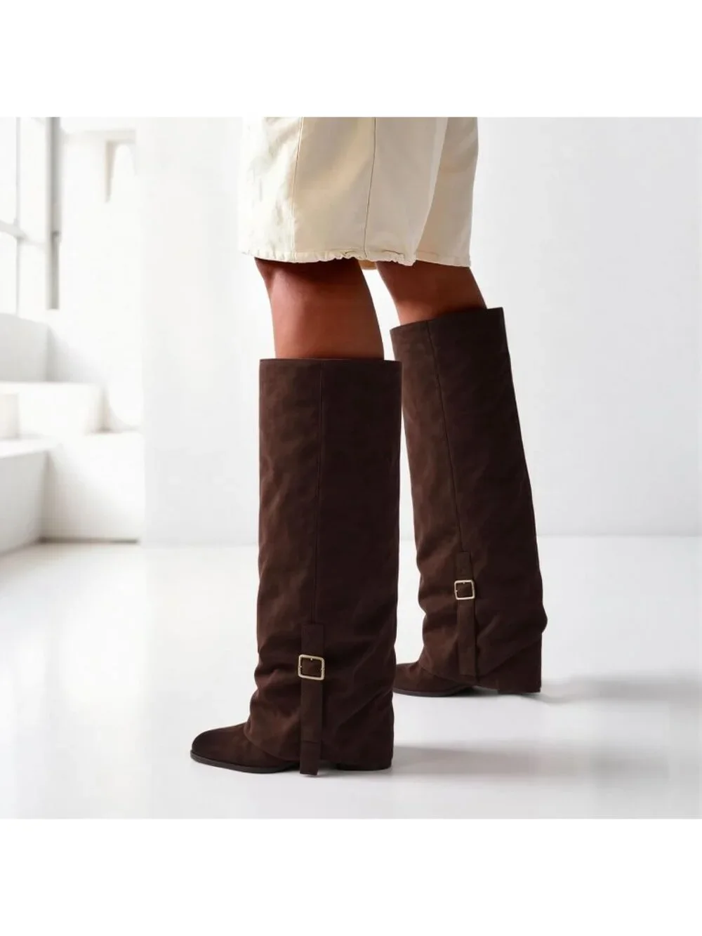 Women's Chocolate Round Toe Chunky Heel Faux Leather Slouch Knee High Boots